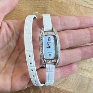 Seiko Solar ladies mother of pearl silver tone white leather double wrap watch